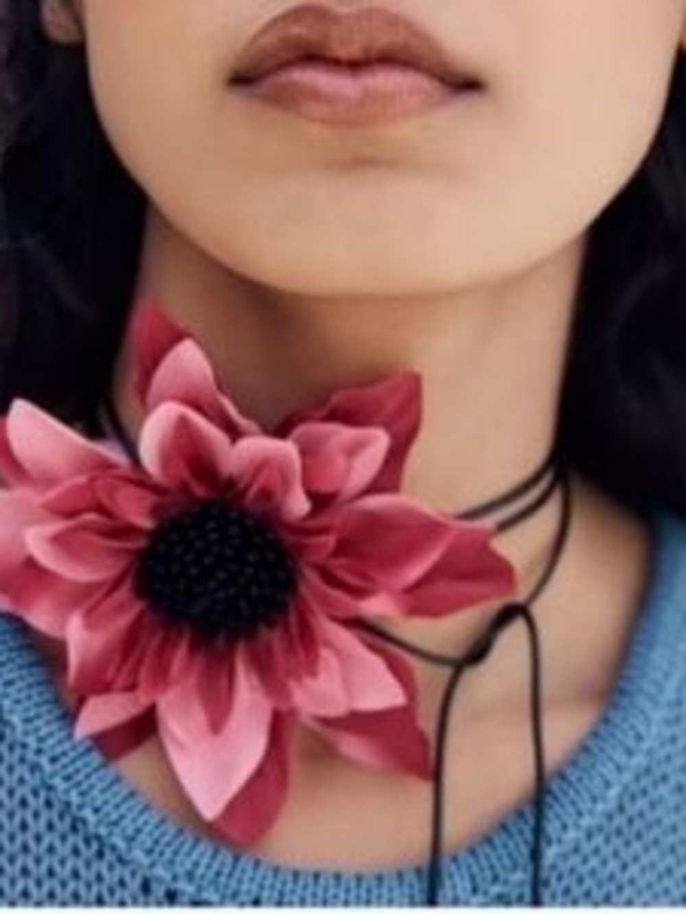 Zara Fabric Flower Choker Necklace Pink & Black NWT